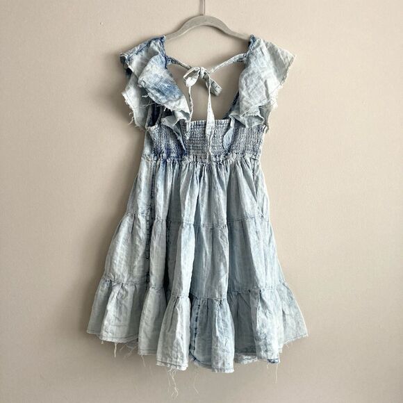 Free People Undone Mini Flutter Sleeve Dress Blue Small Raw Hemline Festival - Picture 8 of 11